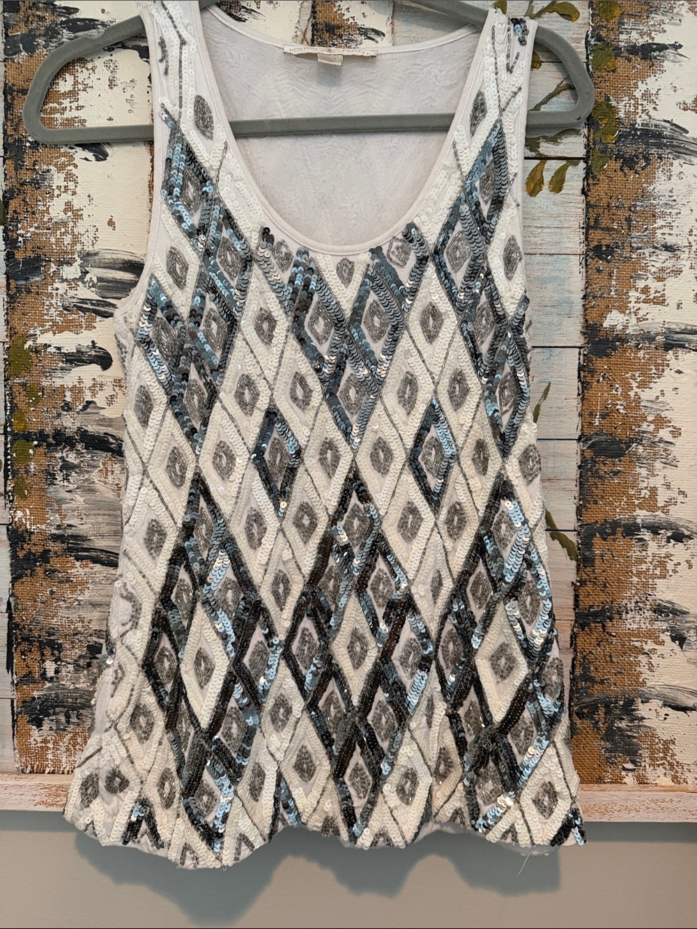 Boston Proper Cream Tank Top with Silver Sequin Diamond Pattern